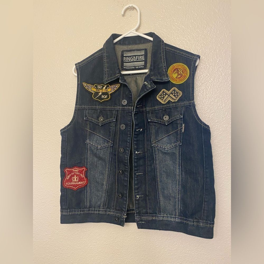 Ring of Fire men's denim vest with patches motorcycle designed in Los Angeles S
